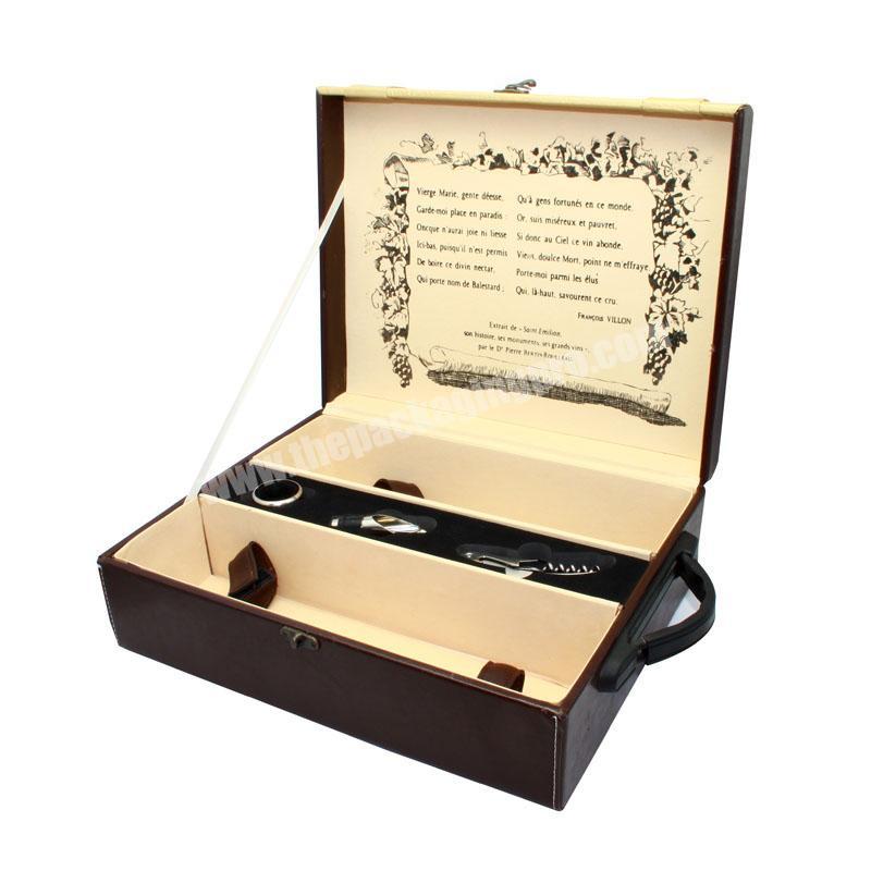 Hot PU Leather Wine Box With Handle 2 Glass Bottle Wooden Boxes Carrier Case For Sales Gifts