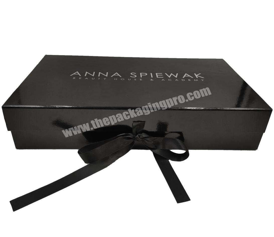 Custom luxury black glossy cardboard clothing packaging folded magnetic gift box with ribbon