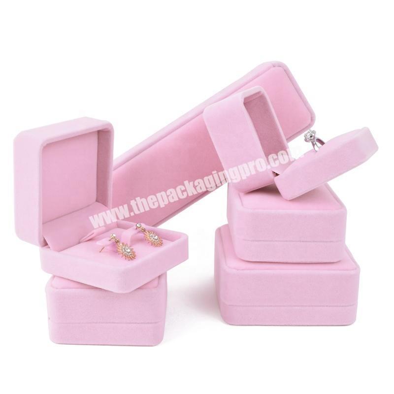 High quality custom logo pink pendant necklace ring earrings velvet jewelry packaging set box