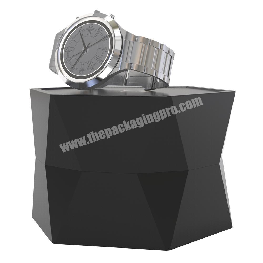 Unique Black Hexagonal Matt Lacquered Wooden MDF Watch Storage Packaging Box With Golden Logo On Top