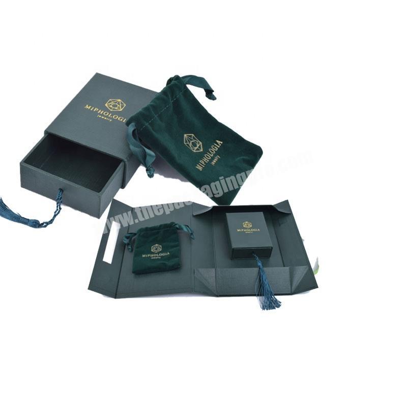 dark green vintage jewellery box fashion sliding draw custom logo slide jewelry box with velvet jewelry pouch