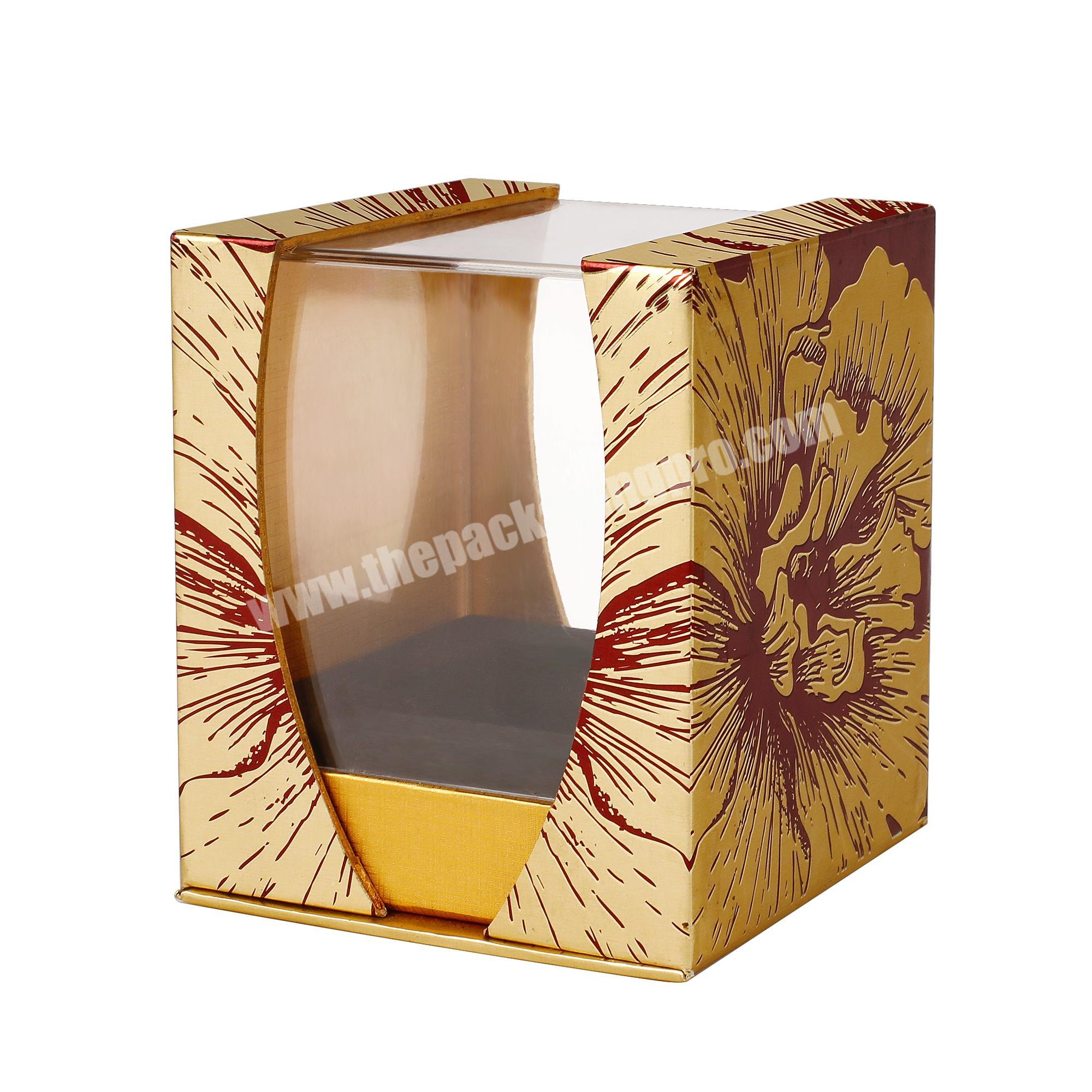 Premium Golden Square Top Open Cardboard Paper Gift Display Packaging Box With Acrylic Cover For Perfume