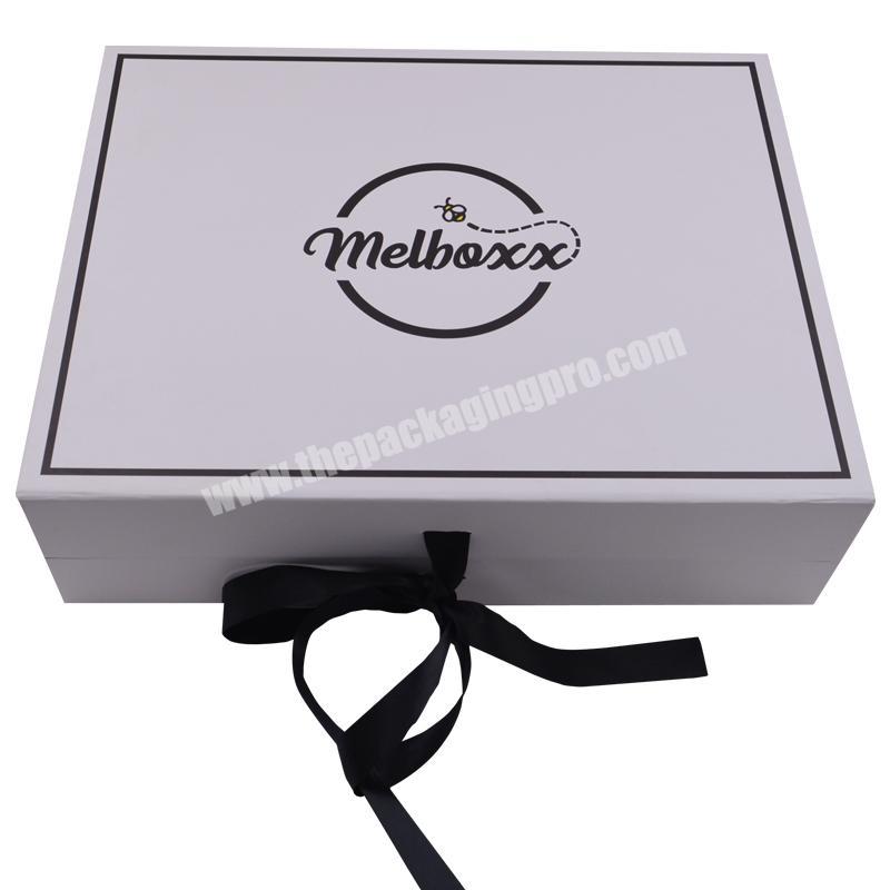 Luxury Custom Logo Matt Lamination White Rigid Clamshell Packaging Cardboard Folding Box Magnetic Closure Gift Box With Ribbon