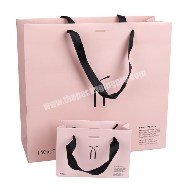 Good quality custom pink 250gsm art shopping paper bag with ribbon handle