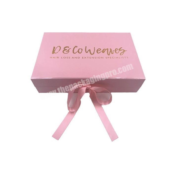Custom Printing Gold Foil Logo Rigid Glossy Pink Magnetic Packaging Cardboard Folding Gift Box With Hair Extensions & Wigs