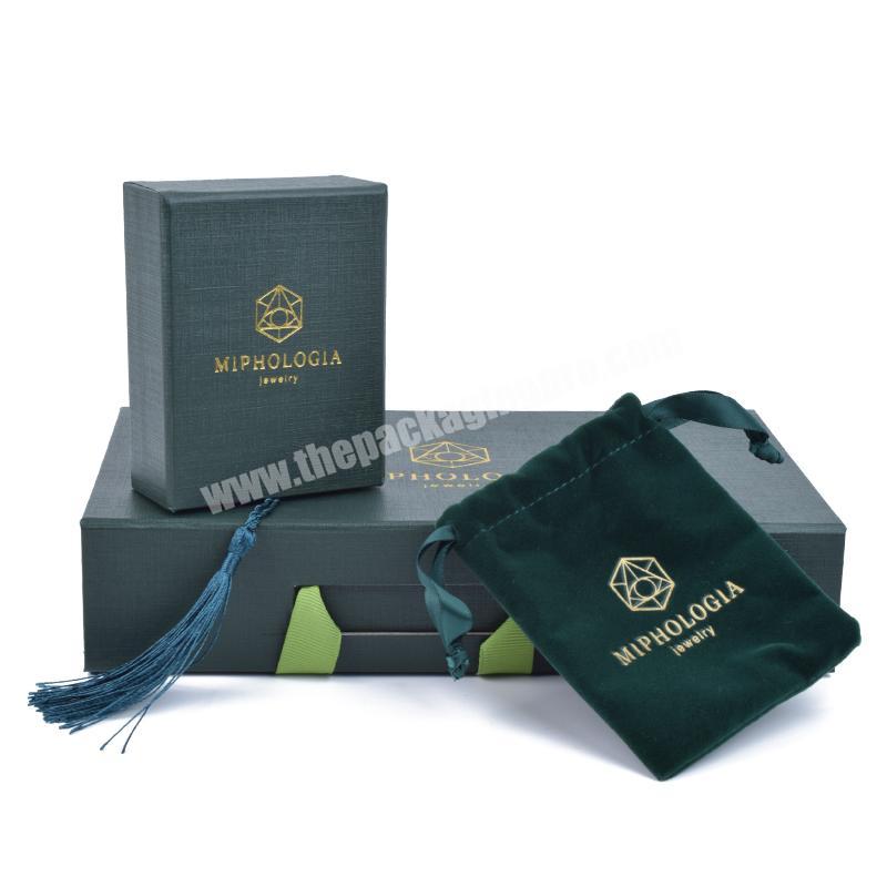 high end green paper jewellery box set Wholesale custom logo trendy drawer tassels small packaging jewelry box with velvet pouch