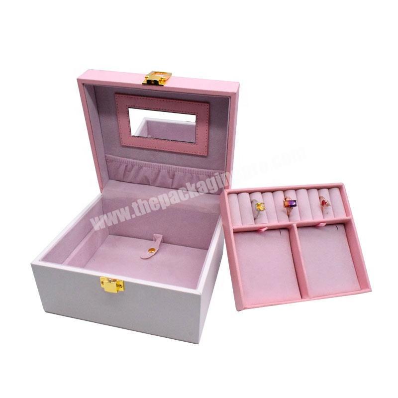 stock private label jewelry packaging PU Leather Mirror Lockable Square Portable Travel Jewelry Organizer Storage Box