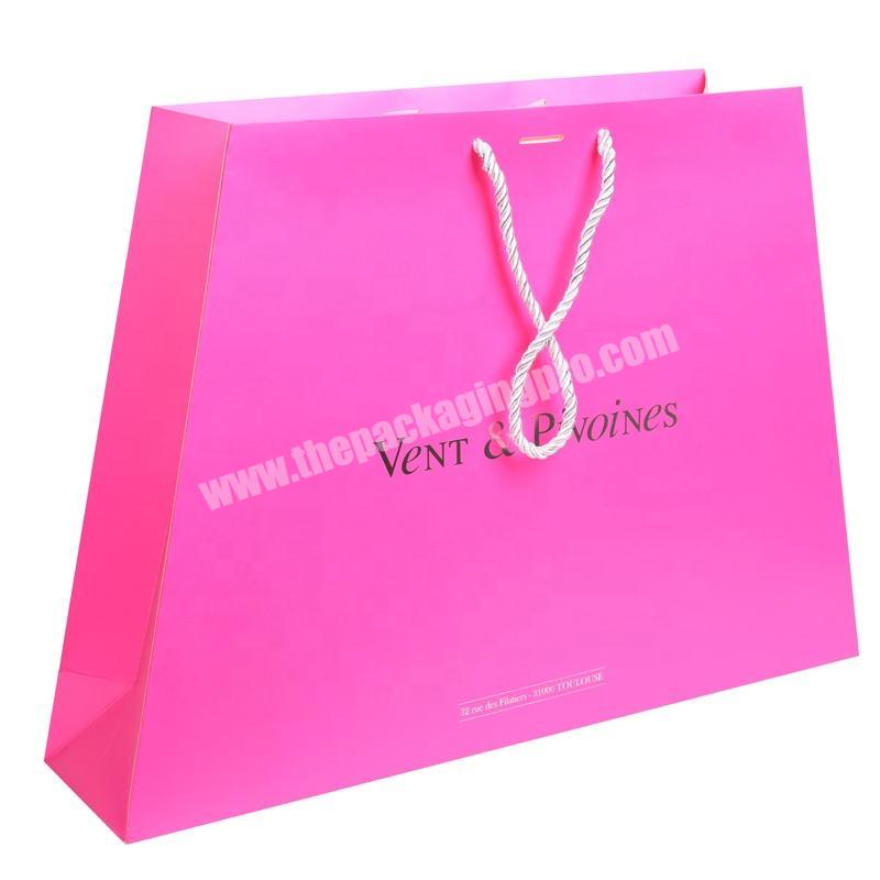 Cotton rope handle pink color printed paper shopping bags with logos