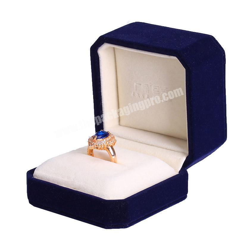 High quality custom logo printed jewelry packaging dark blue velvet cover jewelry box ring