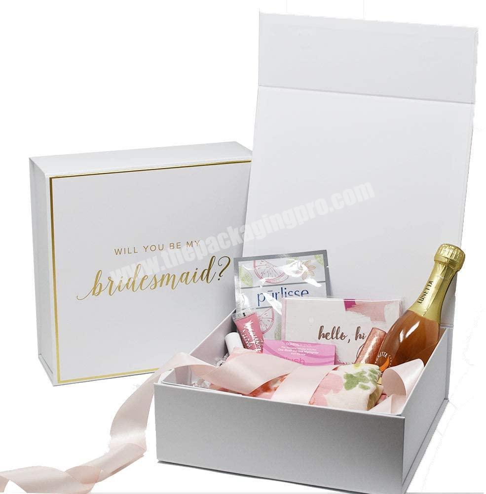 Personalized Wedding Gift Box, White Magnetic Bridesmaid Gift Box with Gold Foiled Texts