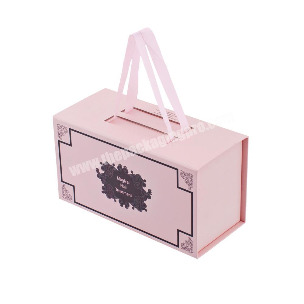 Custom Luxury Rigid Cardboard Gift Box Packaging Large Pink Foldable Shoes Box with Ribbon Handle