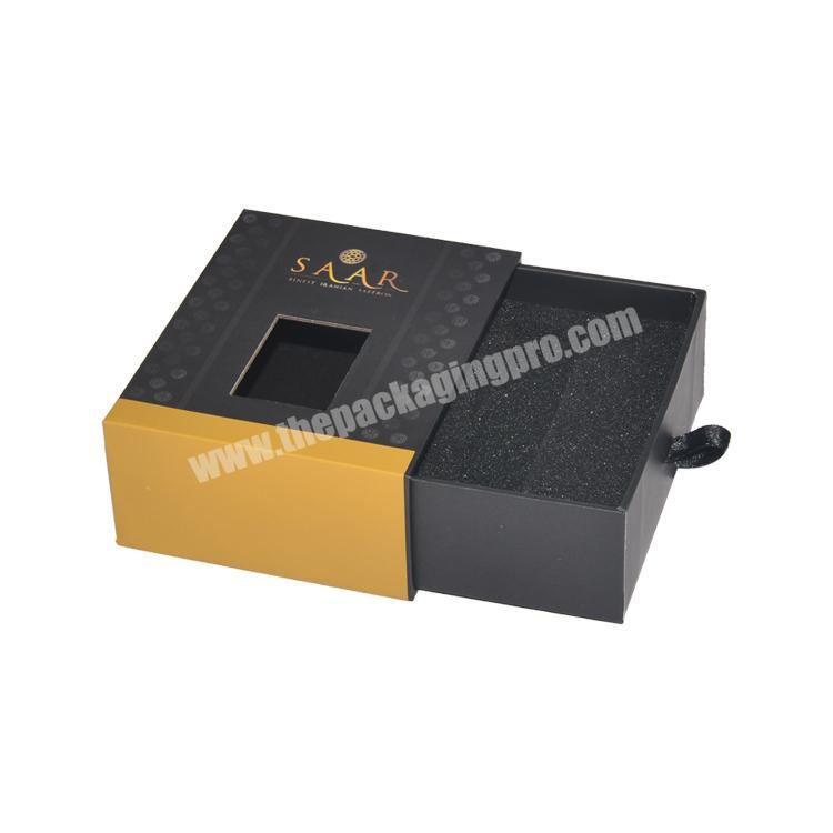 Luxury Paperboard Drawer Box Packaging Custom Gold Foiled Perfume Packaging Black Sliding Drawer Gift Box with Die-cut Window