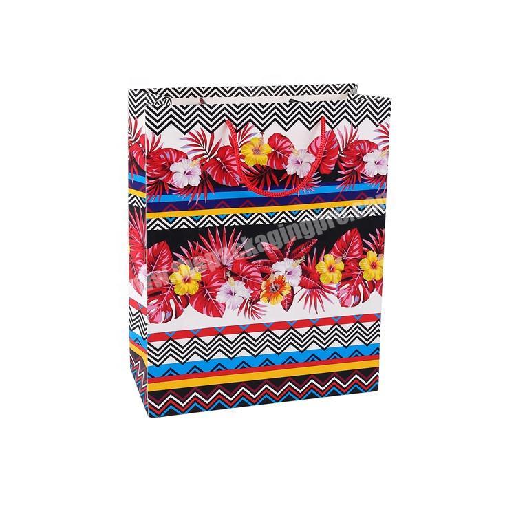 Colorful Wave Shape Flowers Leaves Paper Gift Bag With Red Handle