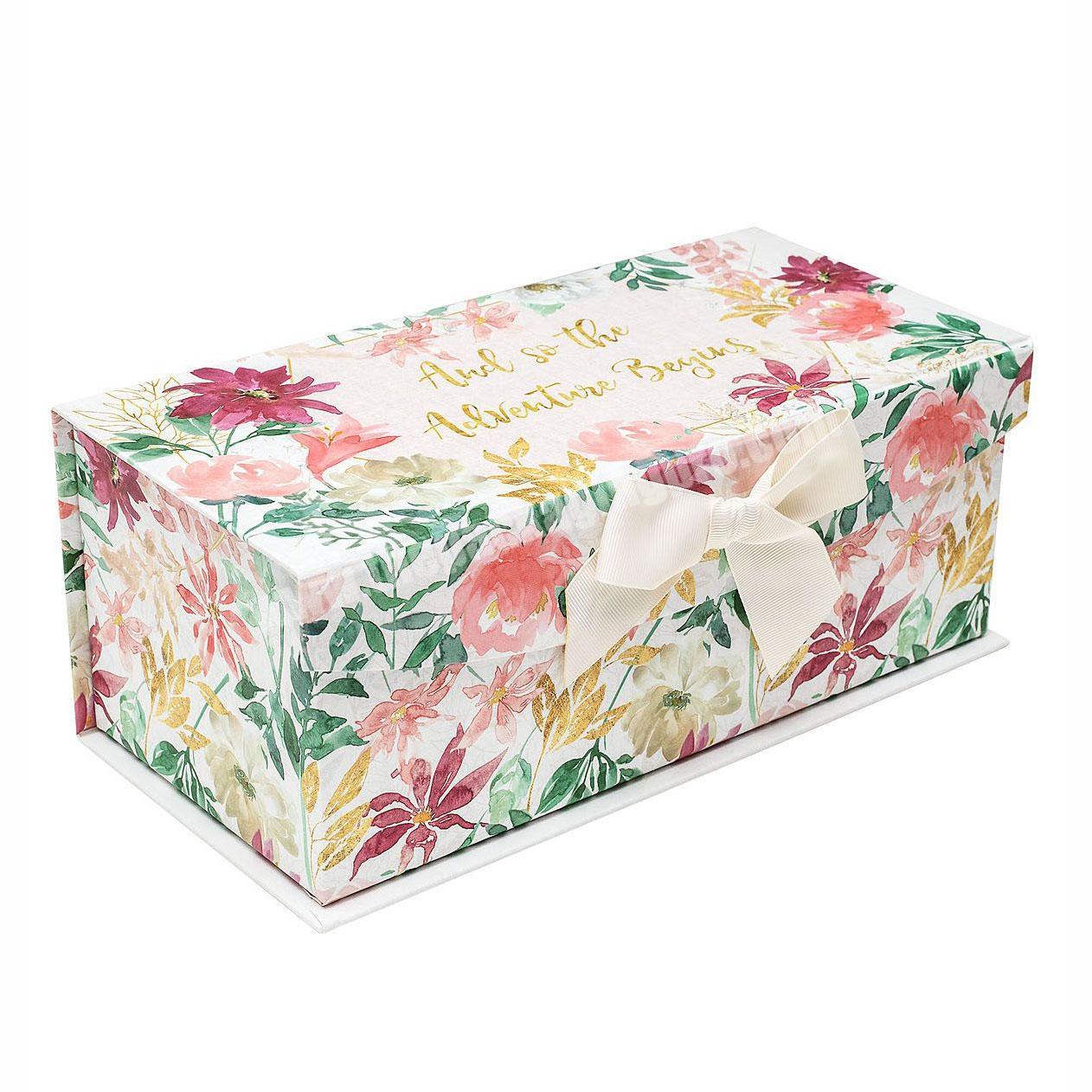Custom Luxury Fashion Rigid Paperboard Floral Printed Book Style Decorative Magnetic Gift Box with Ribbon Design