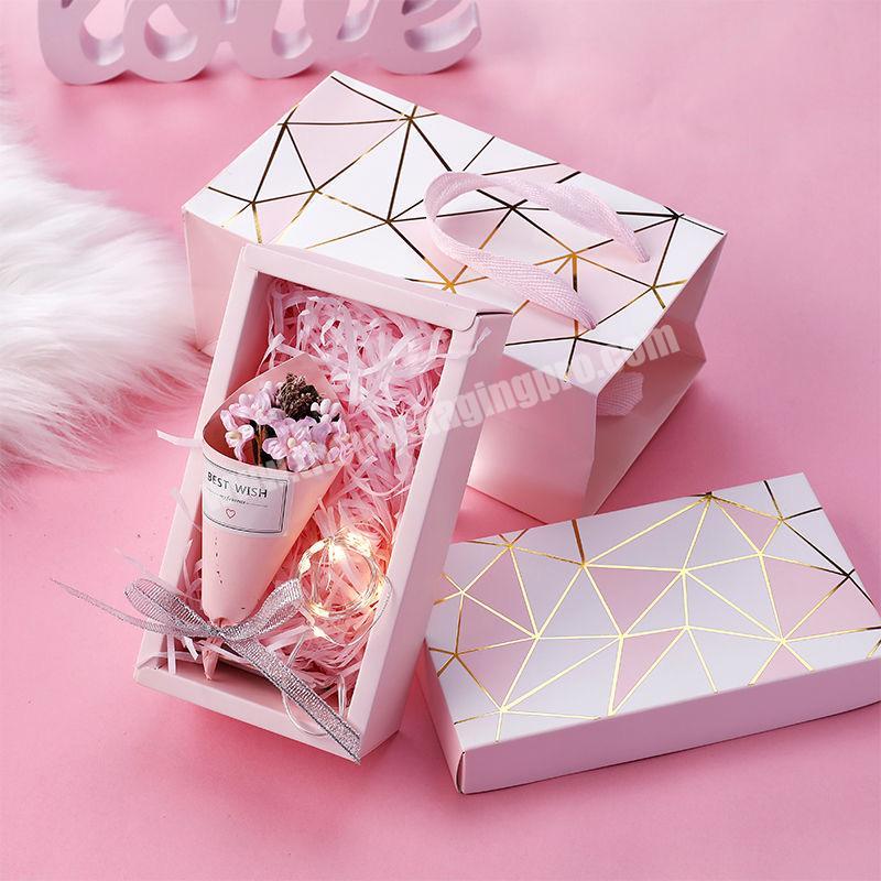 Custom Printed Cardboard Hard Paper Made Jewelry, Cosmetics Packaging Girls Pink Gift Box with Paper Gift Bag