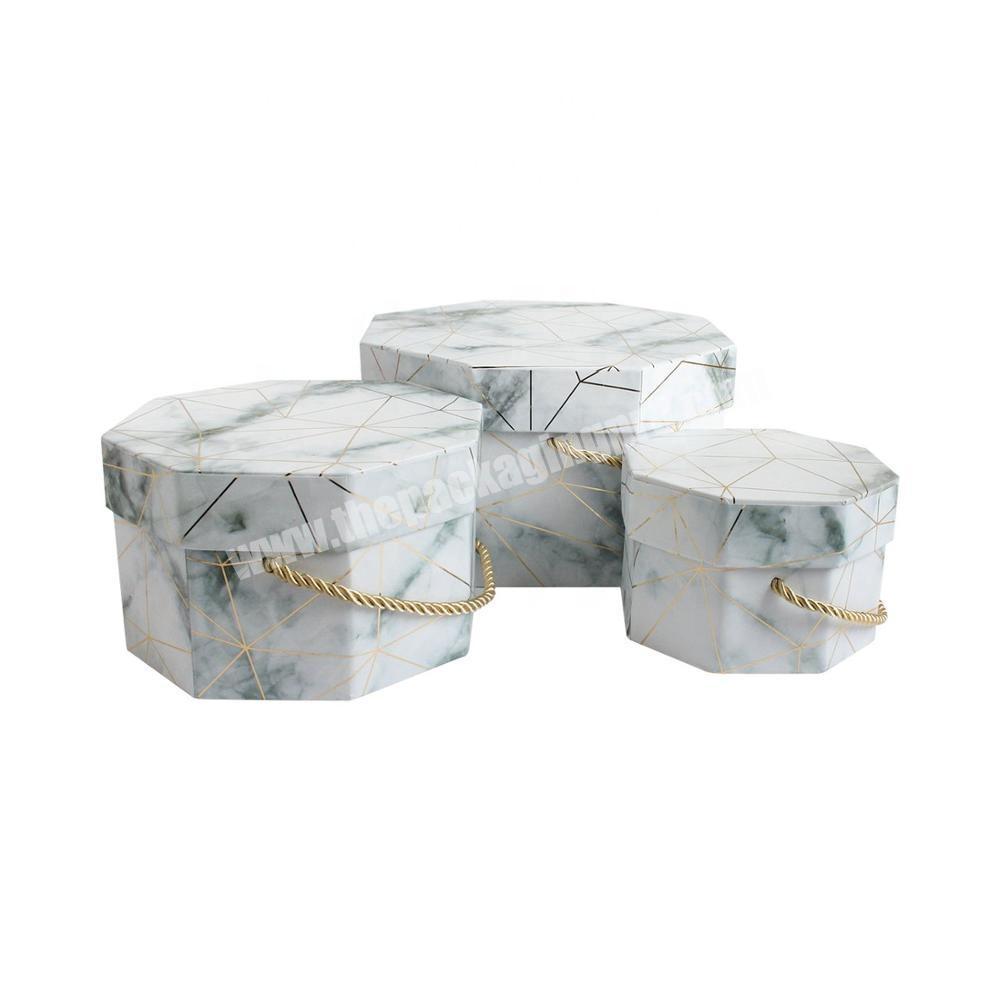 White Marble Print Golden Hexagonal Gift Box With Carry Handle