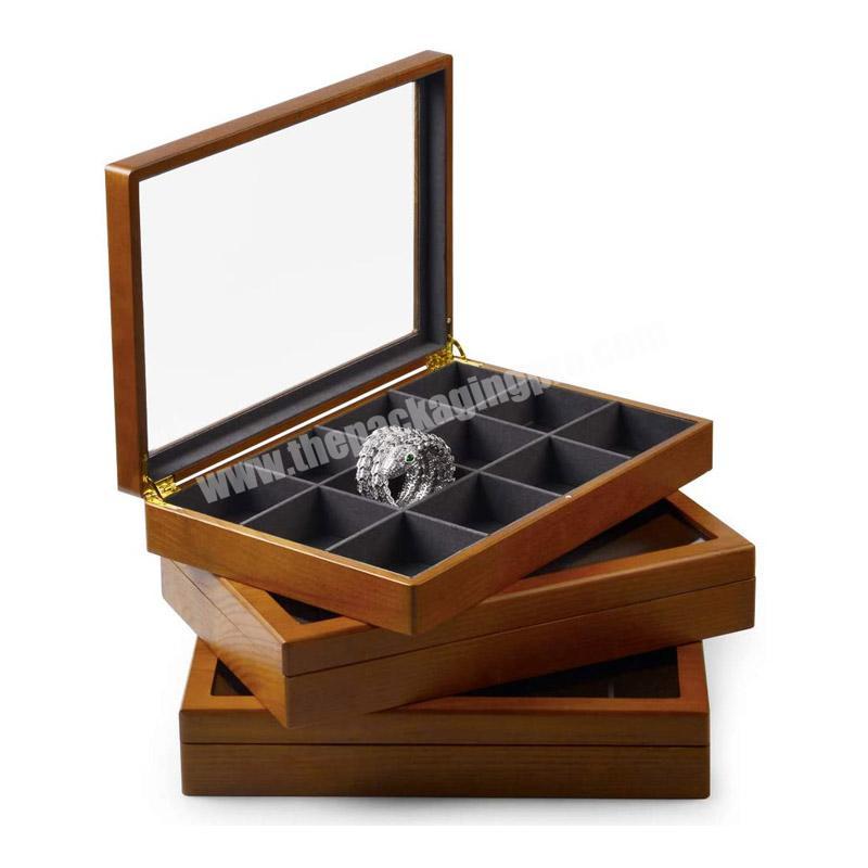 High-end custom  luxury vintage solid wood microfiber lining tray with glass top cover jewelry  box