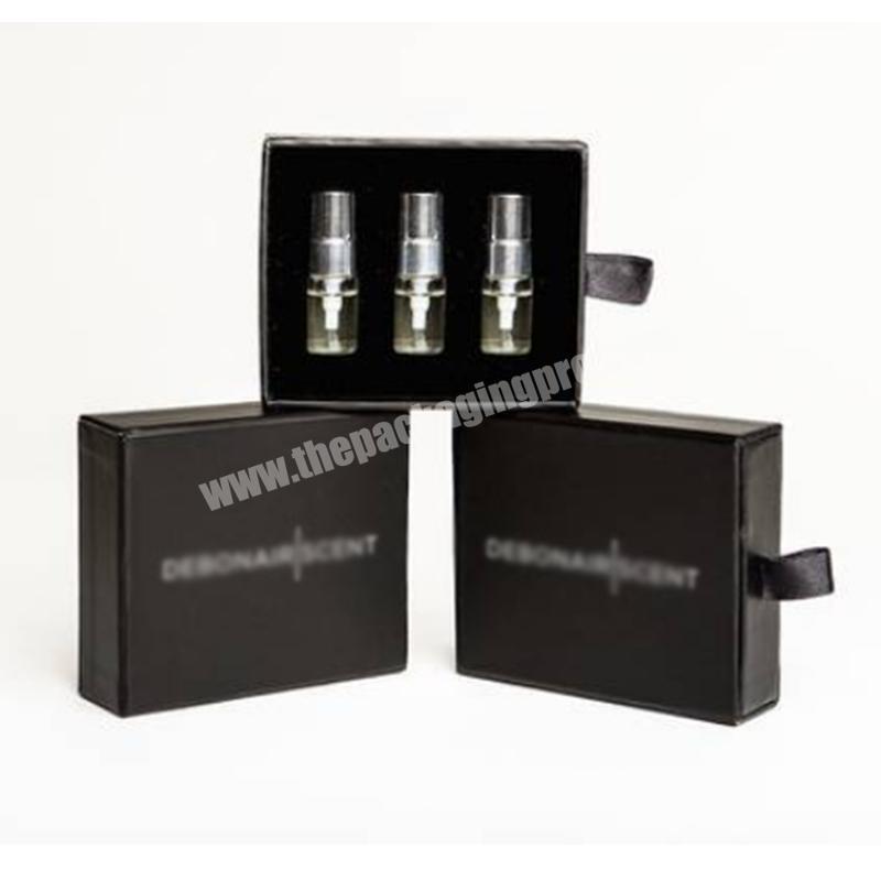 Factory OEM cardboard sliding essential oil storage paper box custom black perfume bottle box