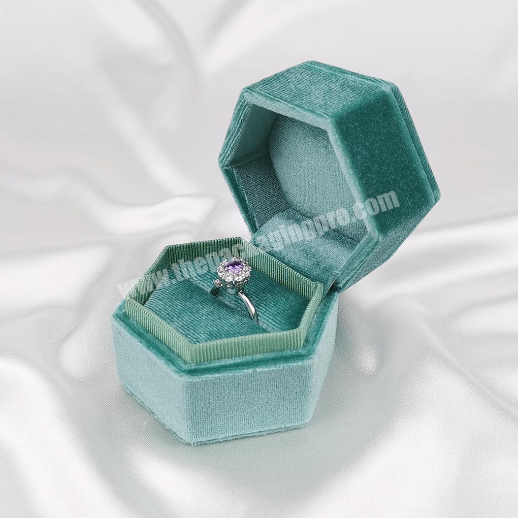 Custom logo Mint Green velvet hexagon ring box for wedding