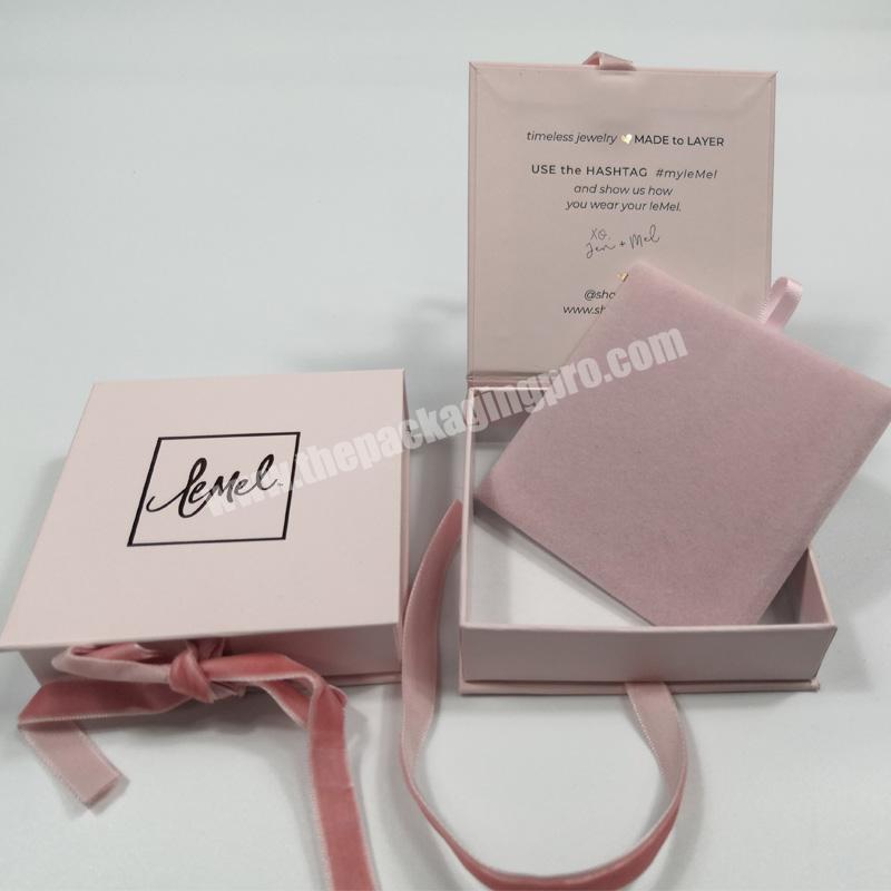 High-end box custom logo printed velvet ribbon closure pink necklace jewelry box gift packaged