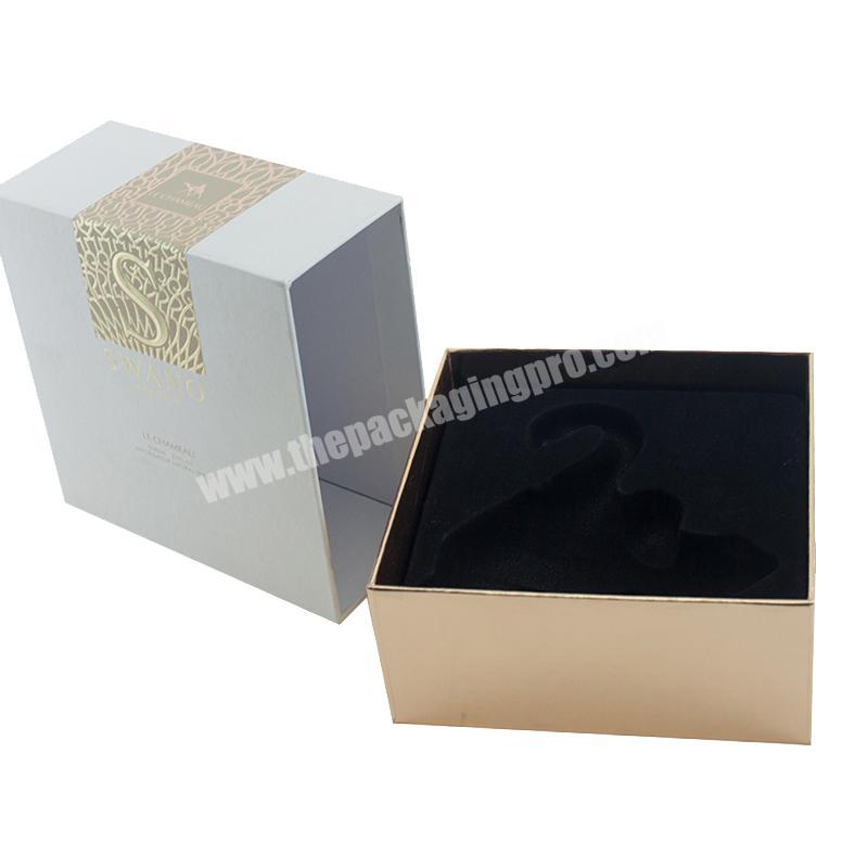 Custom Garment White Gold Drawer Box Packaging Logo Gold Foil Stamping With Ribbon Handle