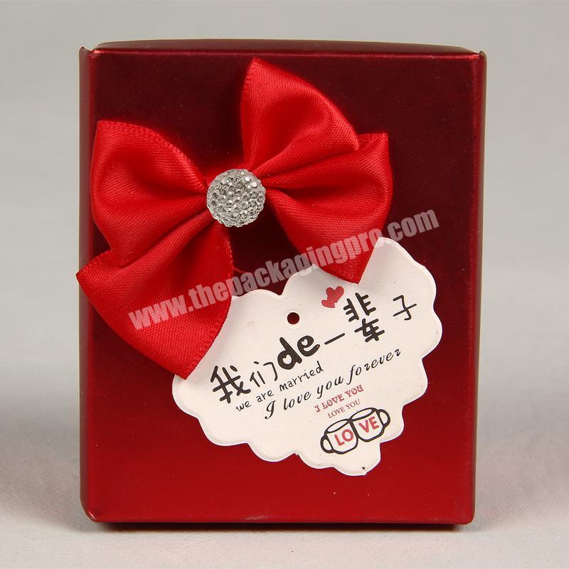 Custom Red Paper Box Presented To Friends Relatives At Wedding Candy Box With Satin Belt Bowknot