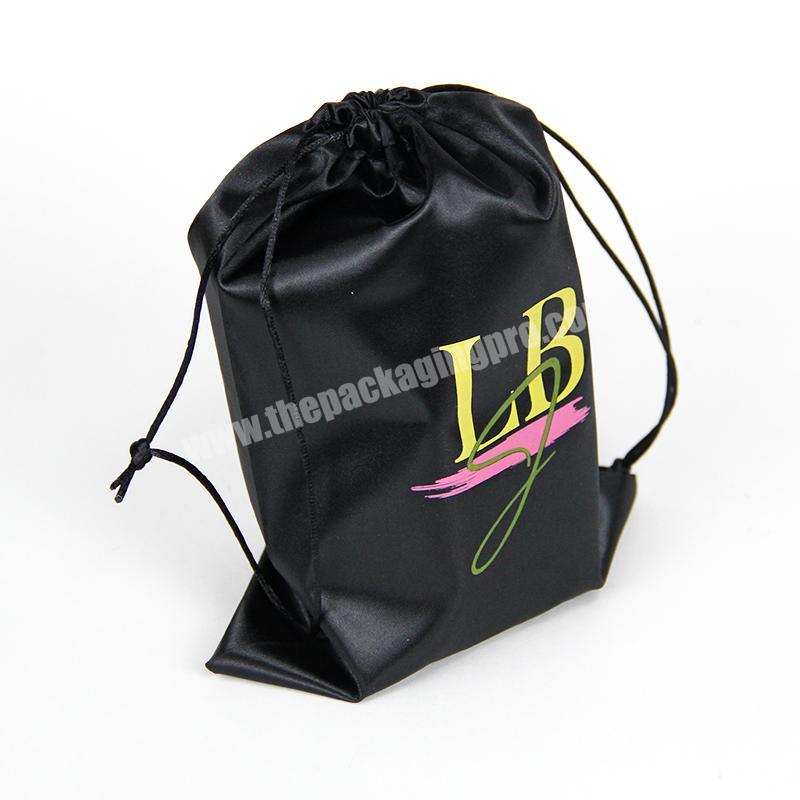 custom logo soft fabric glossy silk stain packaging bag with drawstring for jewelry and wig