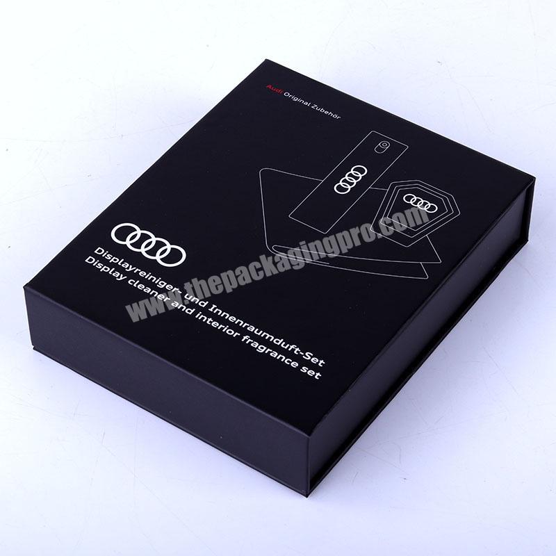 Black matte laminated white printed electronics packaging box with foam insert