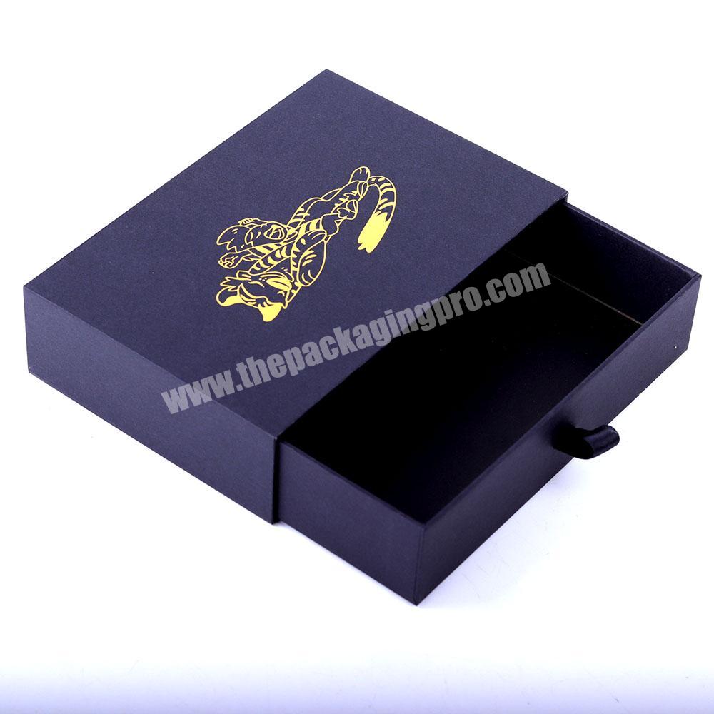 Custom Black Matte Drawer Box Packaging Golden logo Slide Drawer Paper Box with Ribbon Handle