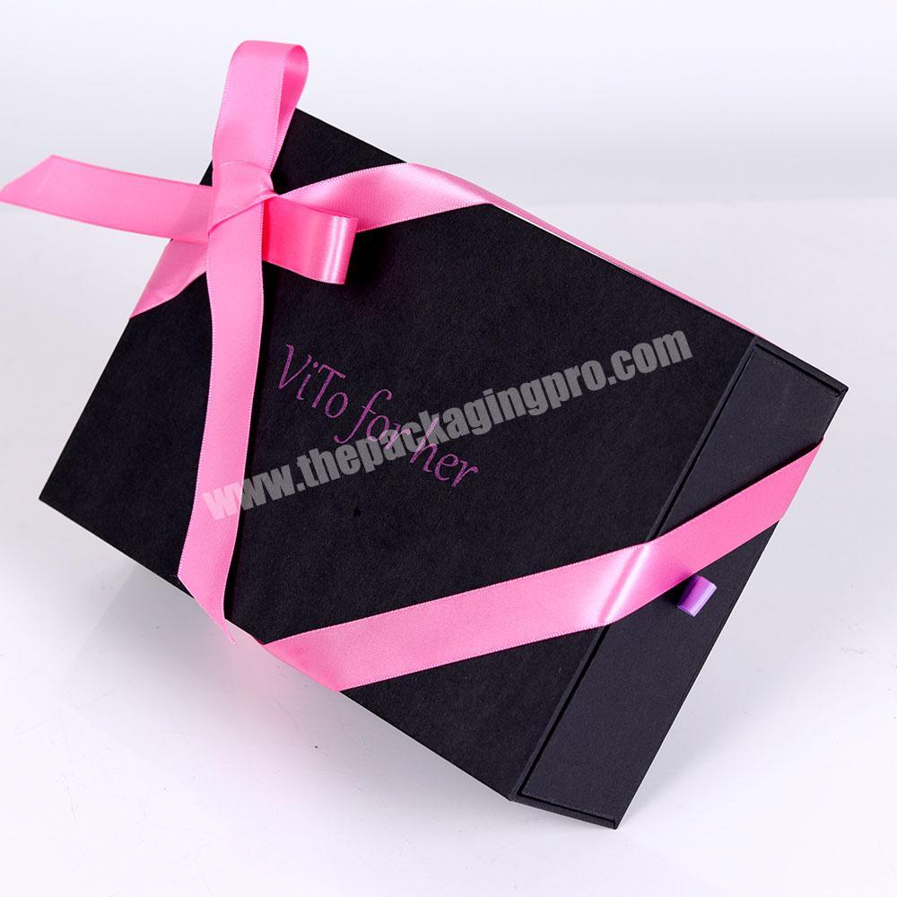Custom Black Red White Paper Drawer Hair Extension Wig Gift Box With Silk Ribbon