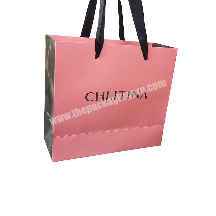 Custom Pink Carry Shopping Gift Paper Bag With Ribbon Handle For Cosmetics