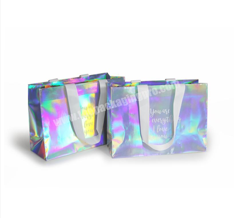 Custom Printing Logo Hologram Holographic Laser Color Make up Makeup Tissue Gift Shopping Tote Paper Bag For Cosmetic Packaging