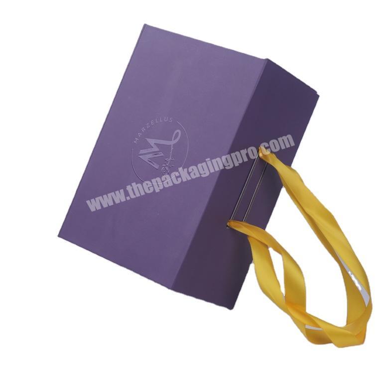Custom brand luxury purple women ladies handbag paper packaging satin insert foldable gift boxes with magnetic lid