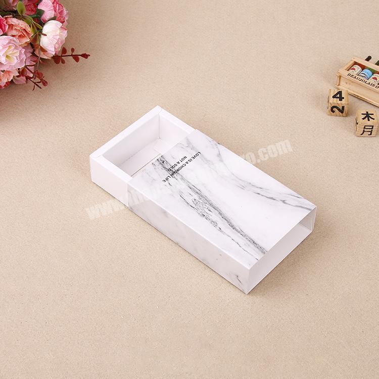 Custom cosmetics lipliner tube white marble print paper gift drawer sliding candle packaging jewelry favor slide foldable box