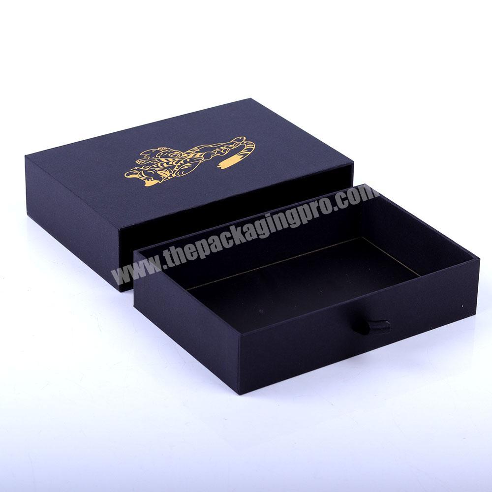 Custom high end jewelry matt black rigid paper drawer gift box packaging with gold hot stamping logo