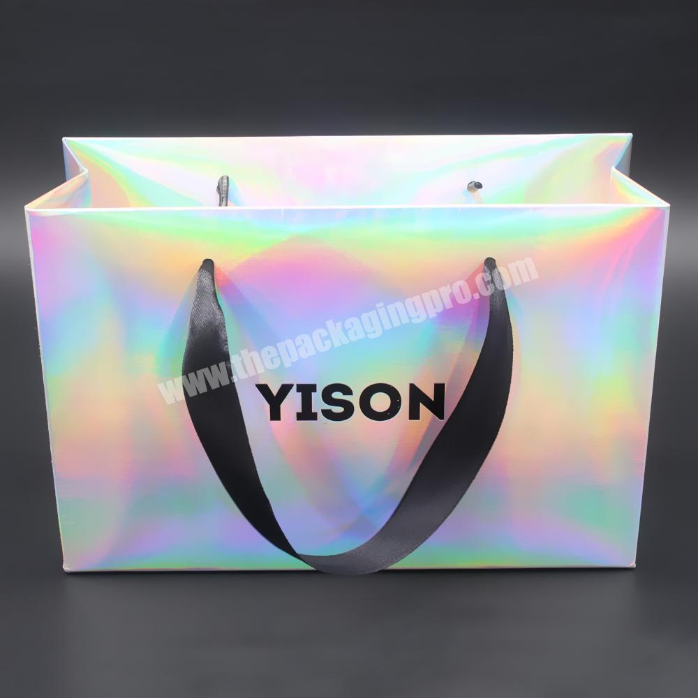 Custom logo Printed Wholesale Retail rainbow iridescent fancy holographic hologram paper gift bags