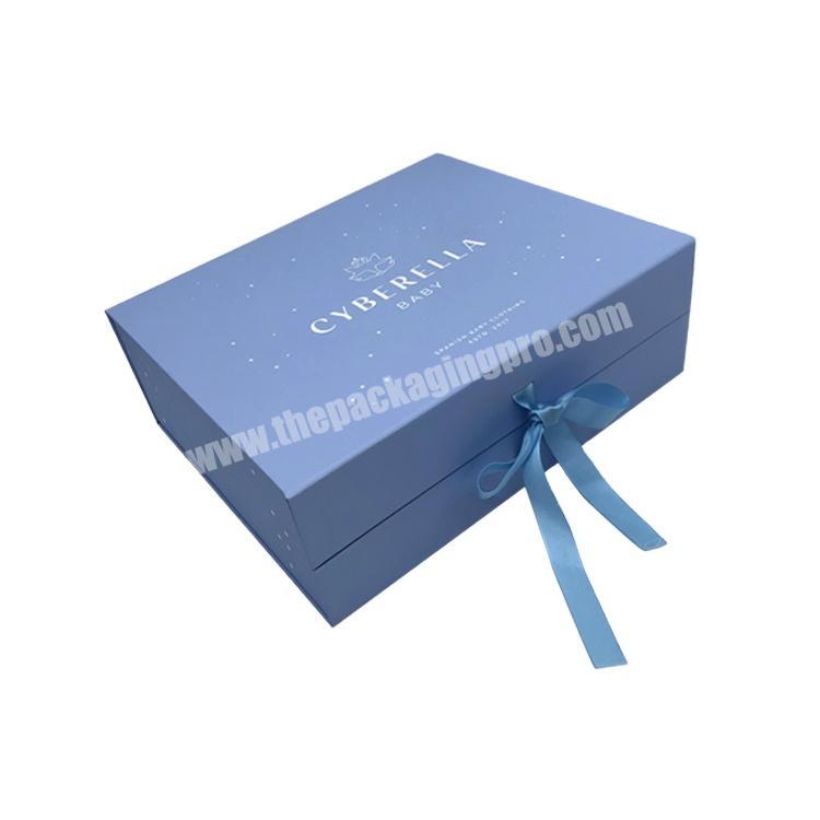 Custom logo blue magnetic cardboard carton shipping gift box cosmetic folding box with bow packaging box