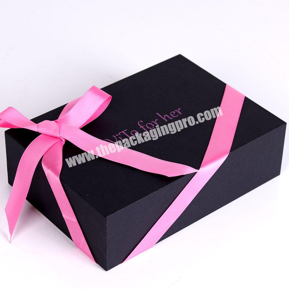 Custom logo design black color drawer packaging gift box with pink ribbon silk scarf cardboard paper box for cosmetic and gift
