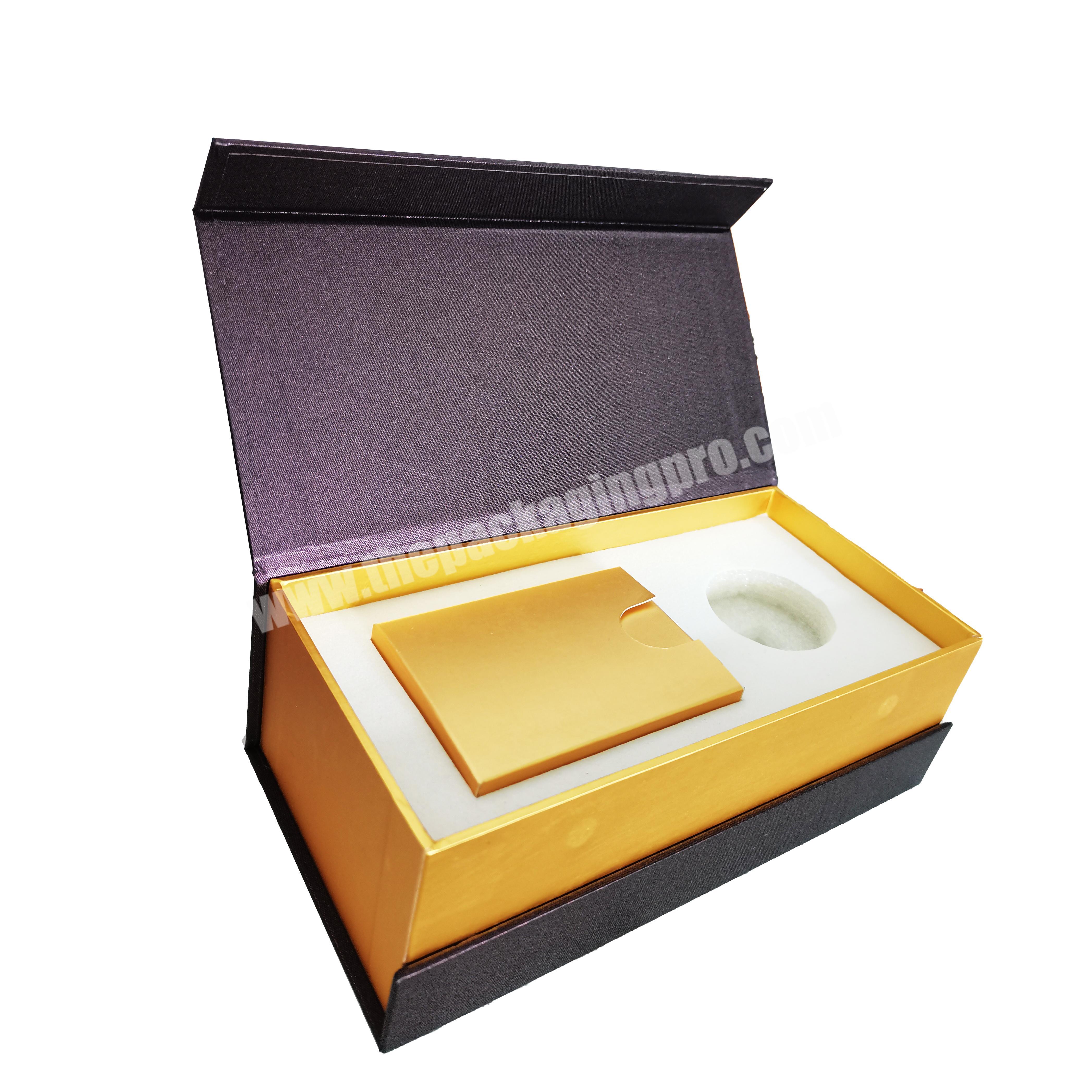 Custom logo perfume atomizer box purple and gold book shaped paper box luxury perfume packaging box