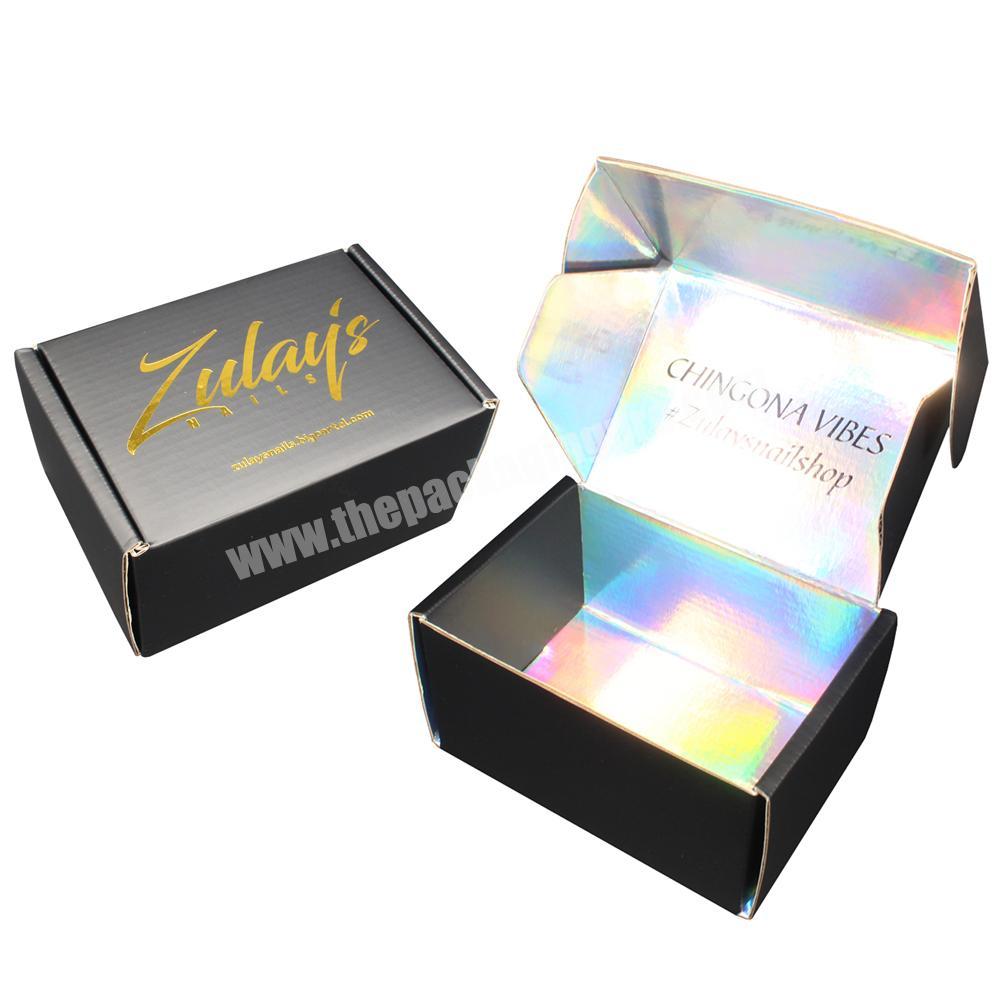 Custom logo printed paper black and holographic box iridescent shipping mailer packaging boxes