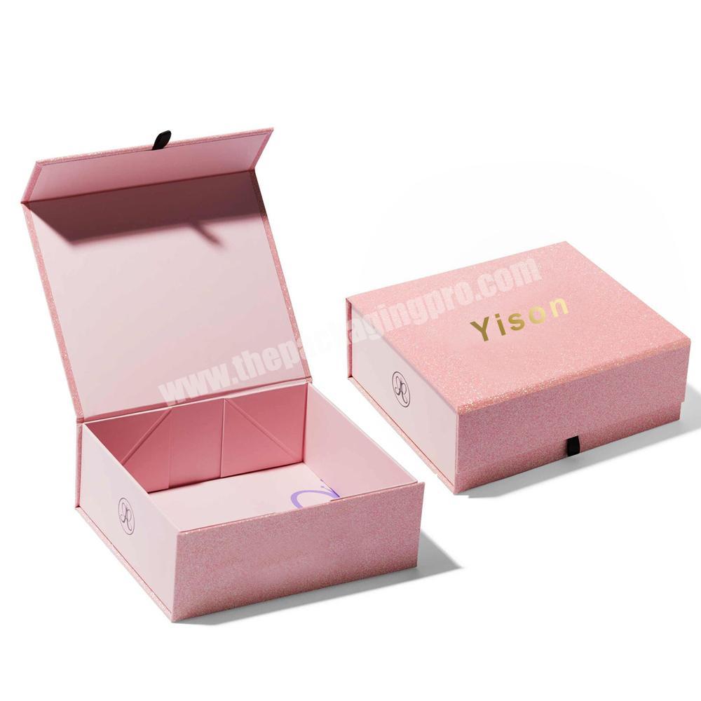 Custom logo printed paper rigid small square glitter pink gift box packaging
