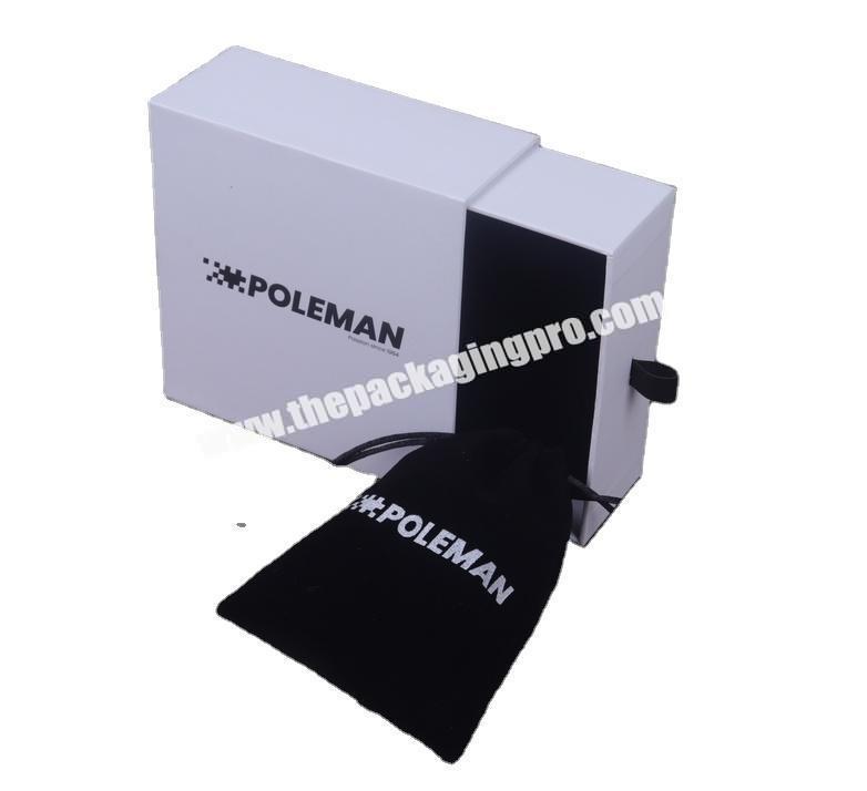 Emboss Logo Paper Jewelry White Gift Drawer Box With PU handle Jewelry Packaging Box And Pouch