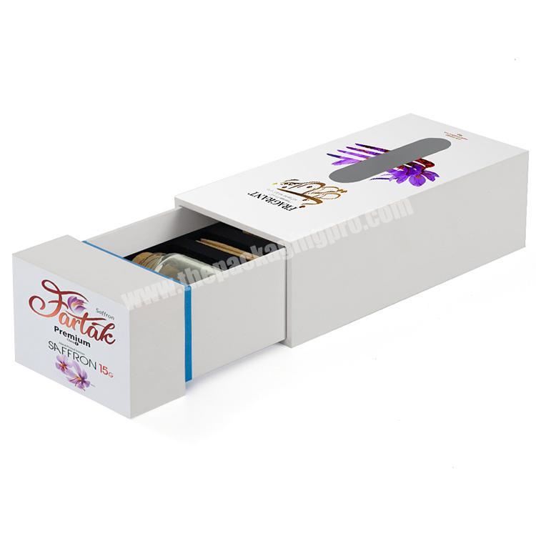 Custom small wholesale slide drawer saffron bottle packaging box