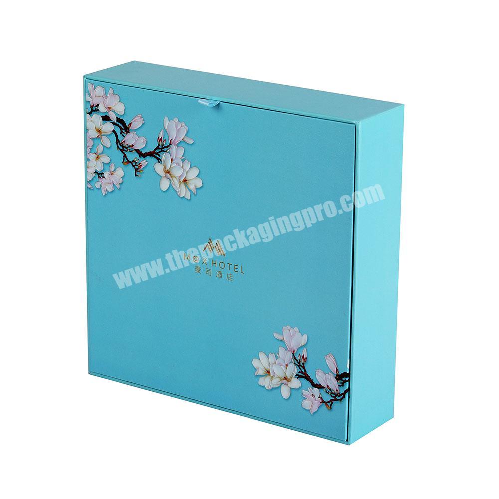 Eco friendly hard paper custom made food moon cake biscuit blue gift boxes packaging with insert
