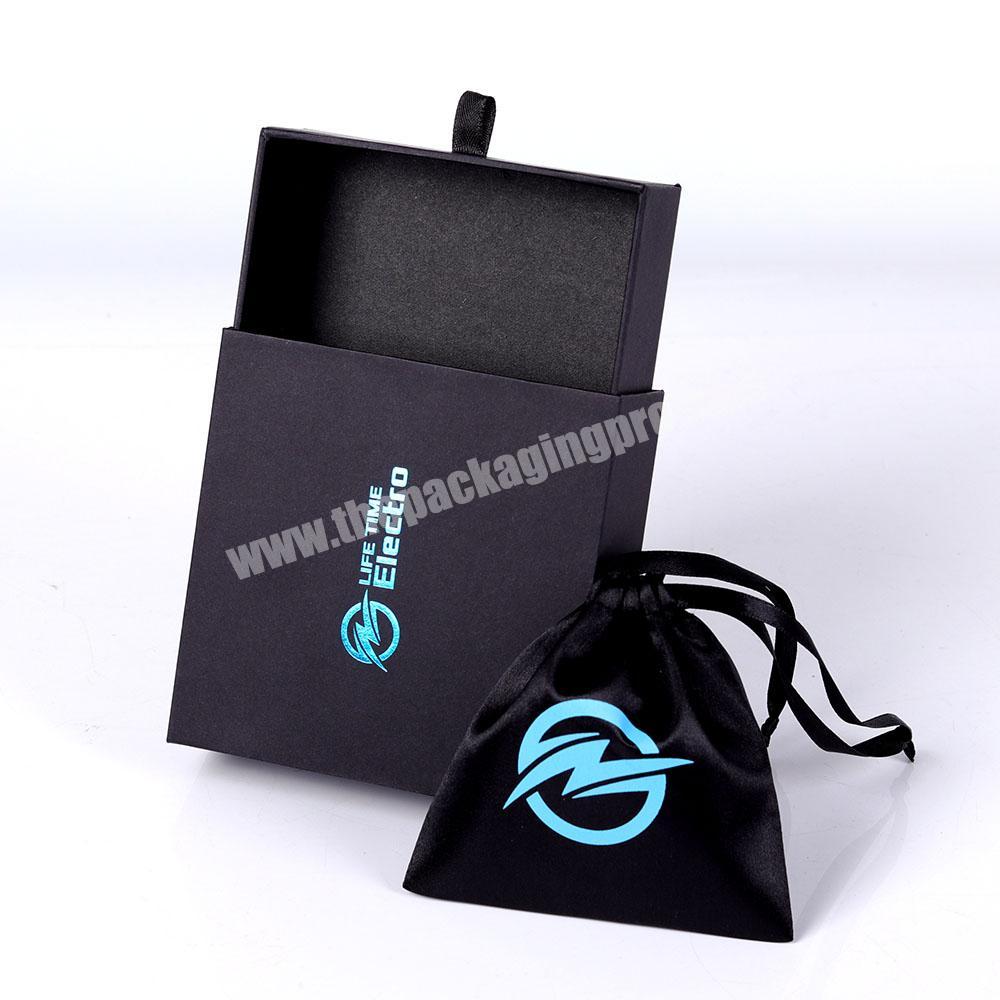 Black drawer cardboard paper packaging electronic product box with velvet customized logo pouch