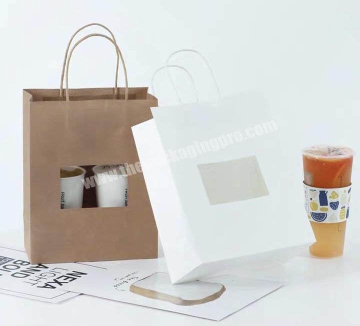 Factory plain kraft paper take away coffee drink carrier recycled food pvc window bags for bakery shop