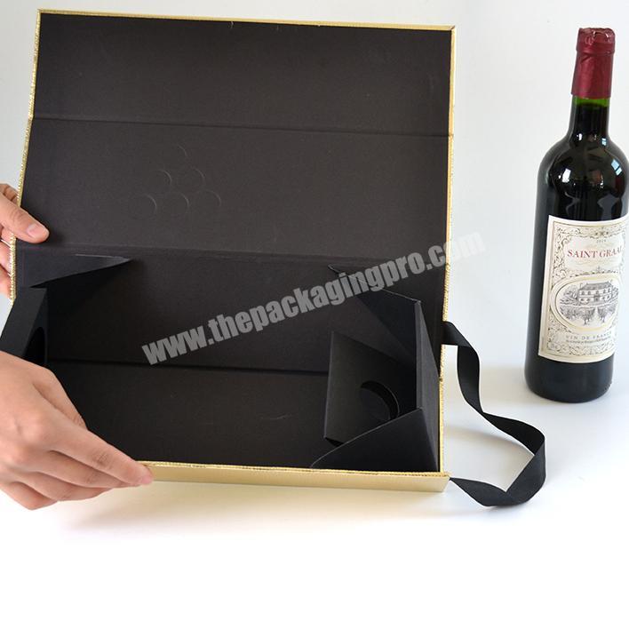 Foldable Gift Packaging Rectangular Paper Recyclable Premium Cardboard Wine Box with ribbon handle