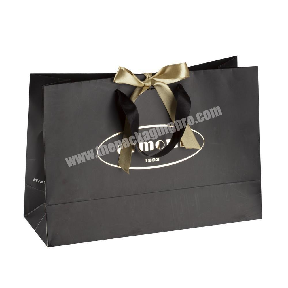 High End Luxury Black Custom Printed Your Own Logo Packaging Gift Shopping Paper Bag With Ribbon Handles