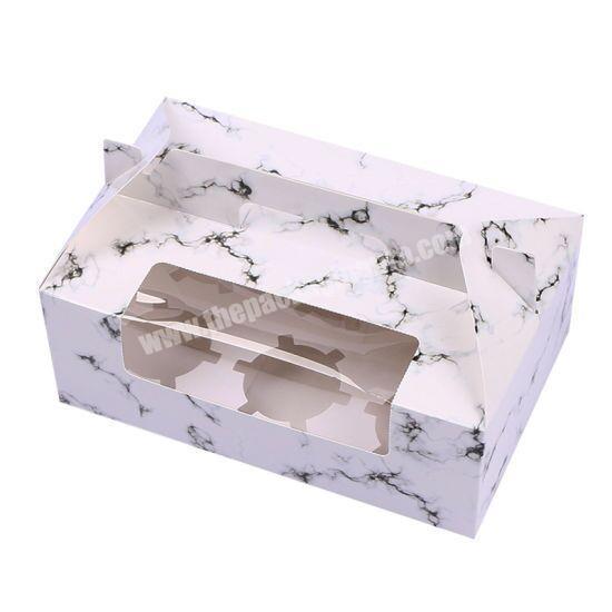Hot Sales White Custom Marble Printed Cupcake Packaging Box Macaron Dessert Box With Handles