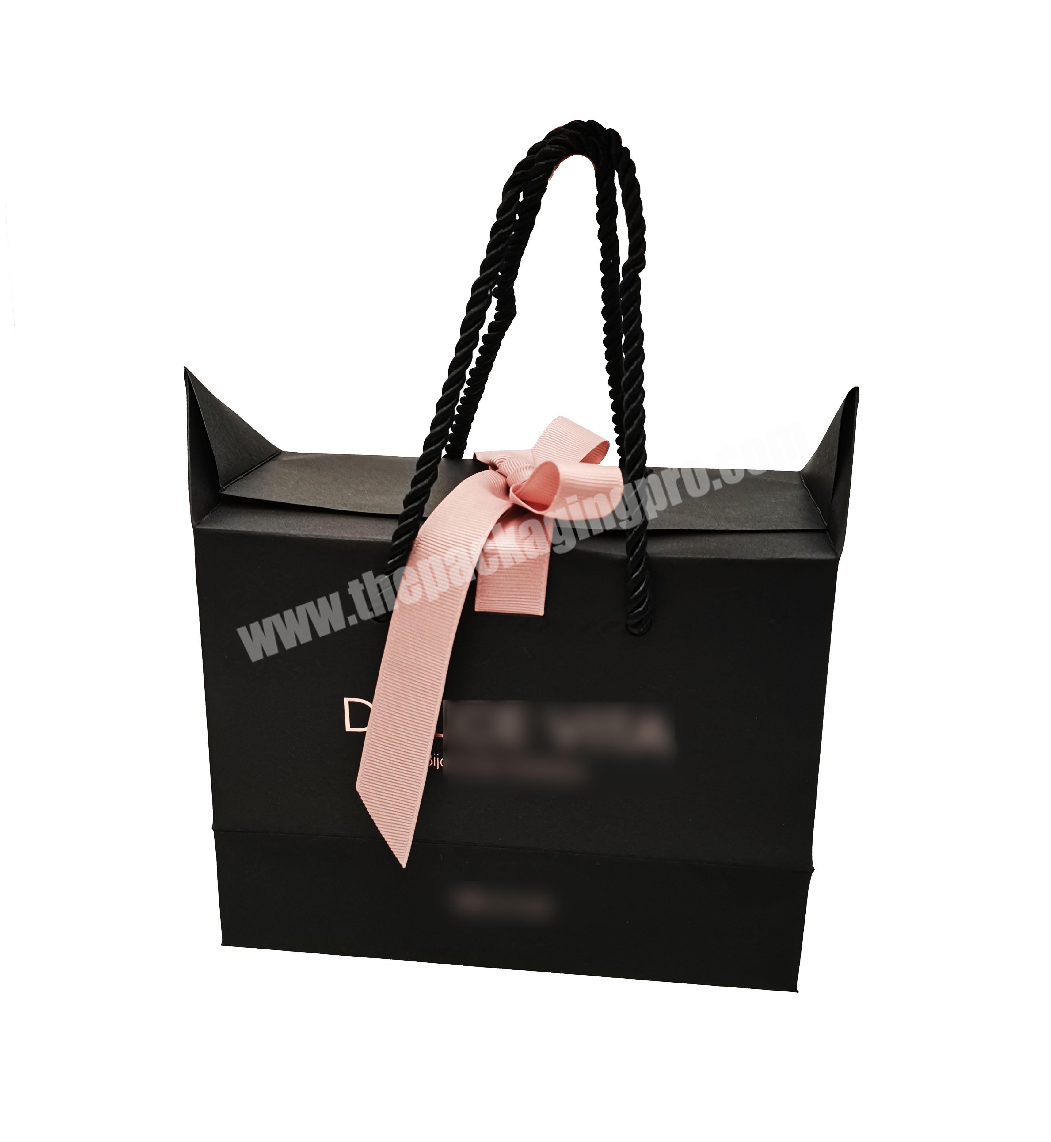 kexin customized creative cute black uncoated paper bags supplier paper birthday bag with ears ribbon rope handle